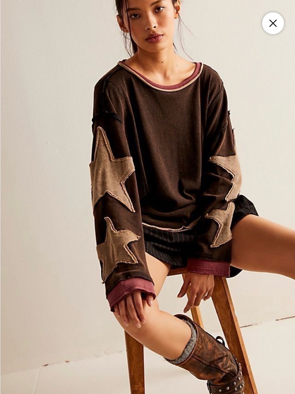 We The Free Relaxed Star Patch Pullover in Brown & Tan